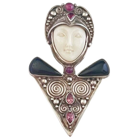 925 Silver Sajen Goddess Face BROOCH PIN PENDANT Onyx Ruby Rhodolite Garnet Gems - Picture 1 of 7